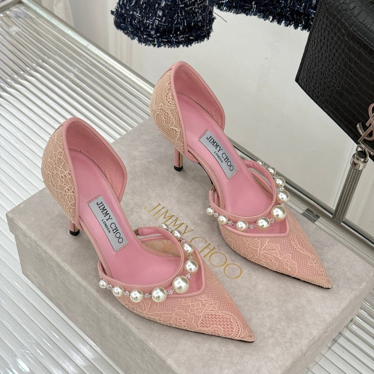 Jimmy Choo 26S High Heels 8.5cm Light Pink Lace Pearl-Embellished 271493