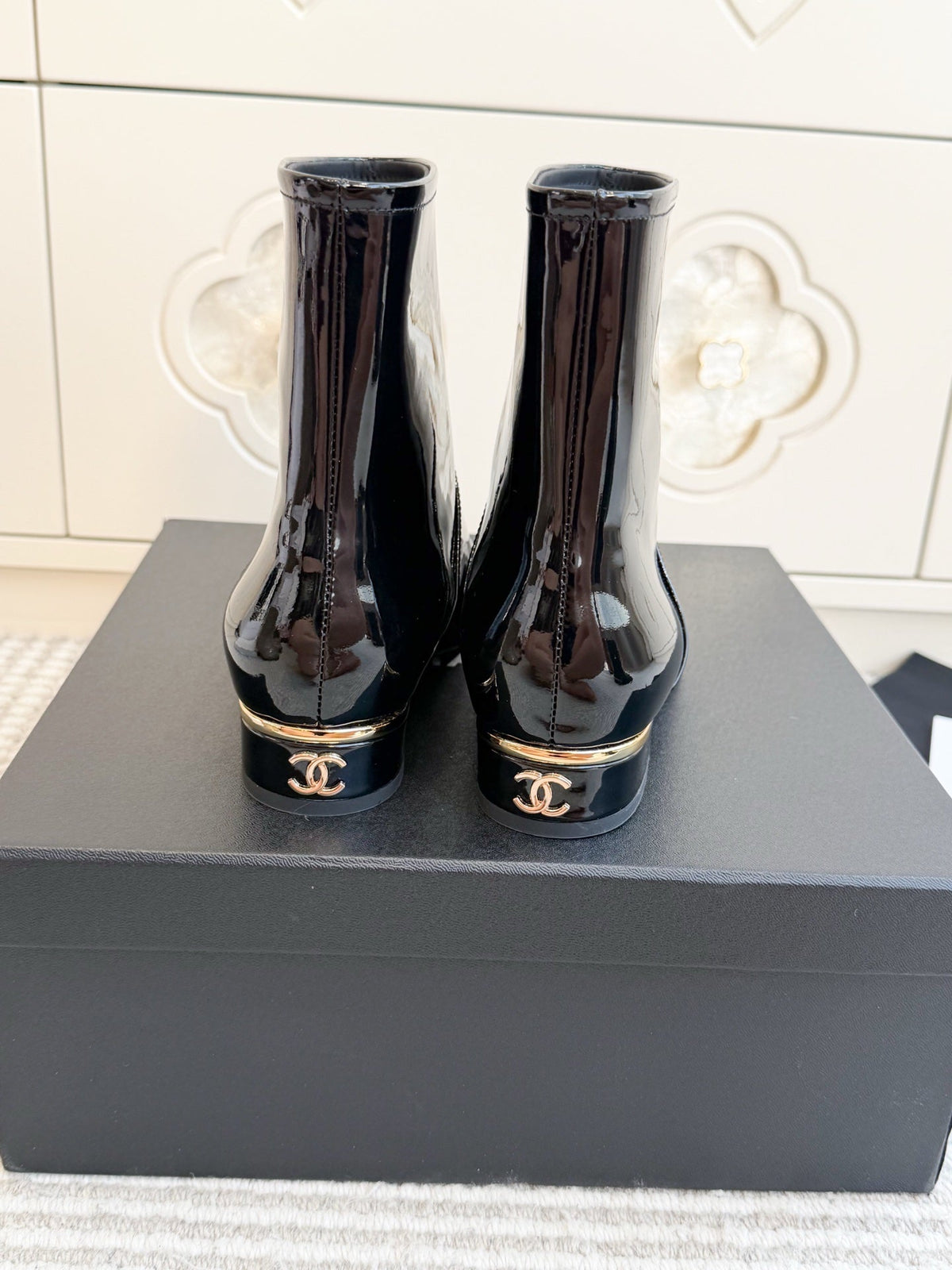 Chanel 26s Short Boots Black Patent Leather