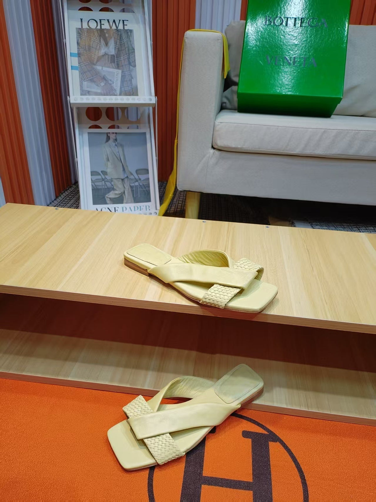 BV Riva Sandals Flat Woven Light Yellow Leather 139879