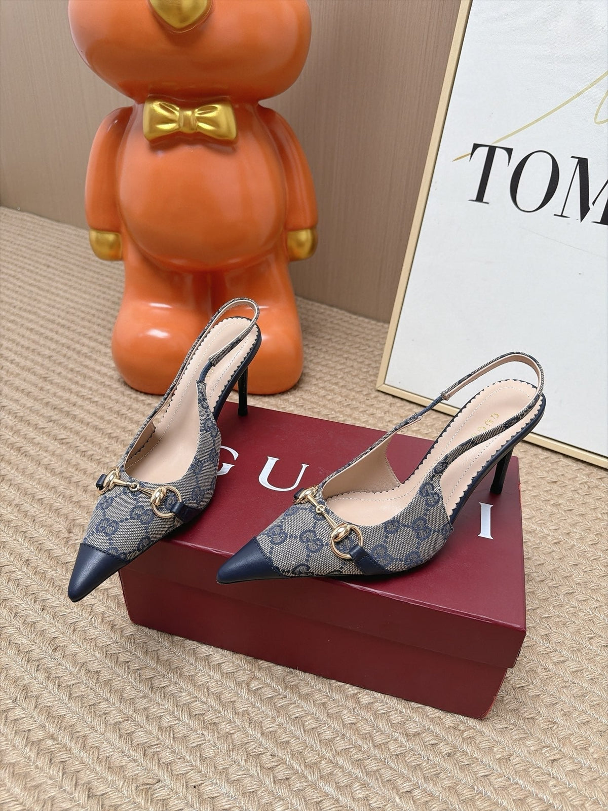 Gucci 26s Slingback Heels 10.5cm Grey Canvas Mix Navy Blue Lambskin
