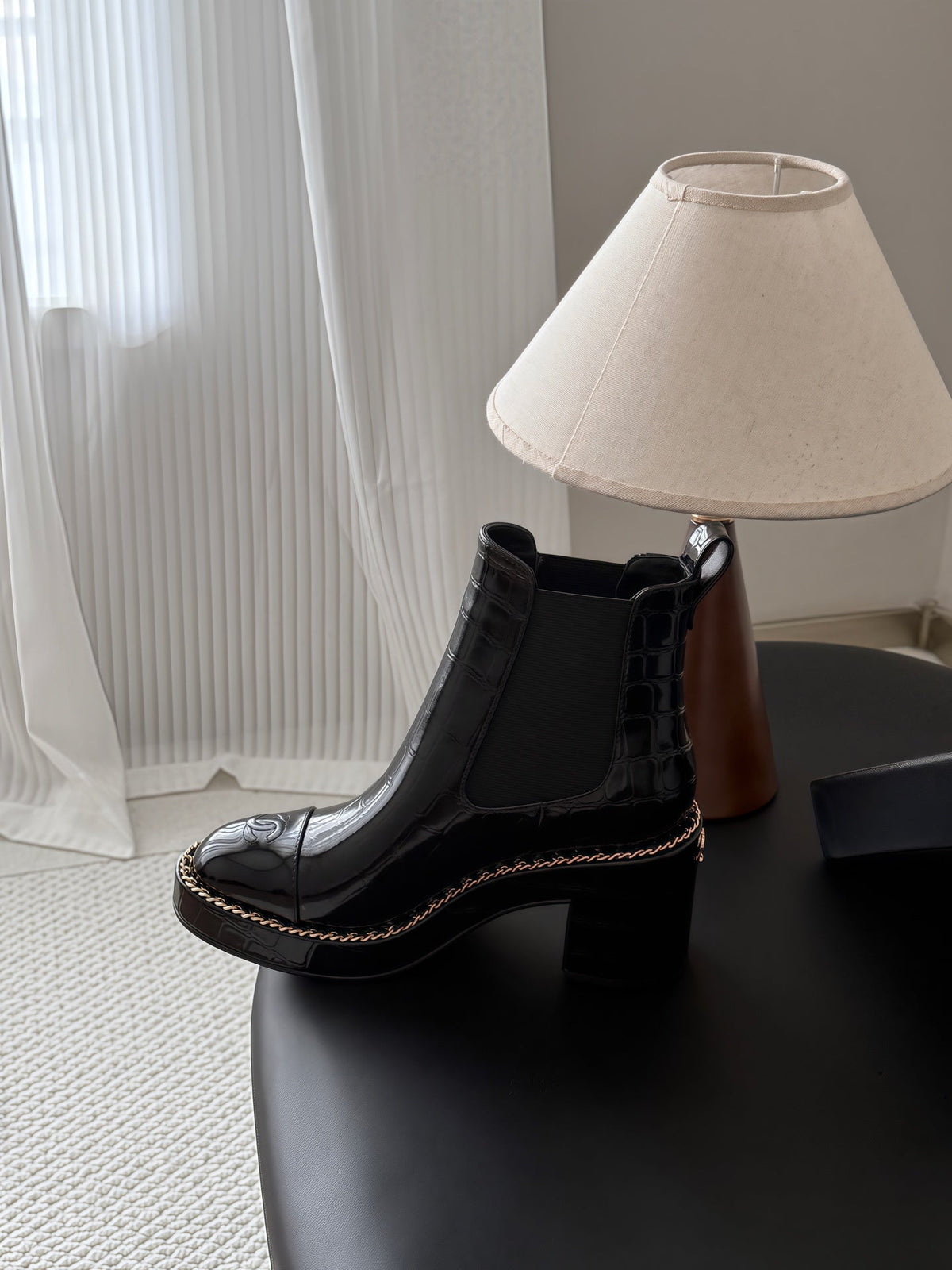 Chanel 26s Chelsea Ankle Boots 7 Cm Black Embossed Patent