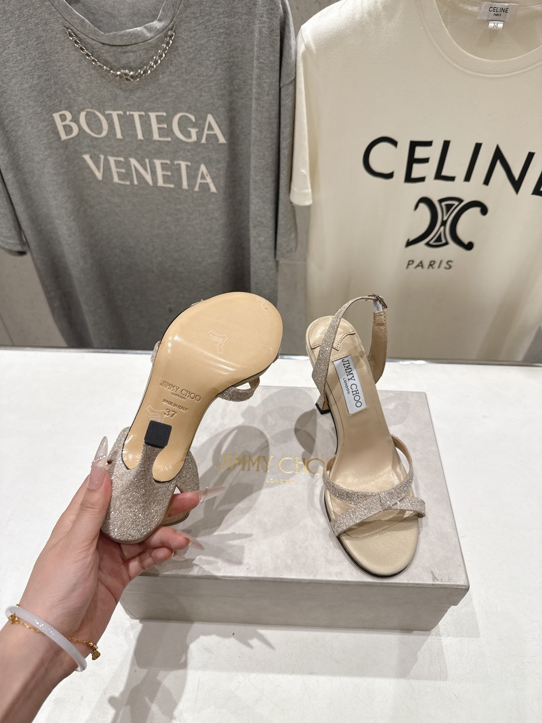 Jimmy Choo 26S High-Heeled Sandals 10.0cm Light Beige Glitter Fabric 618439