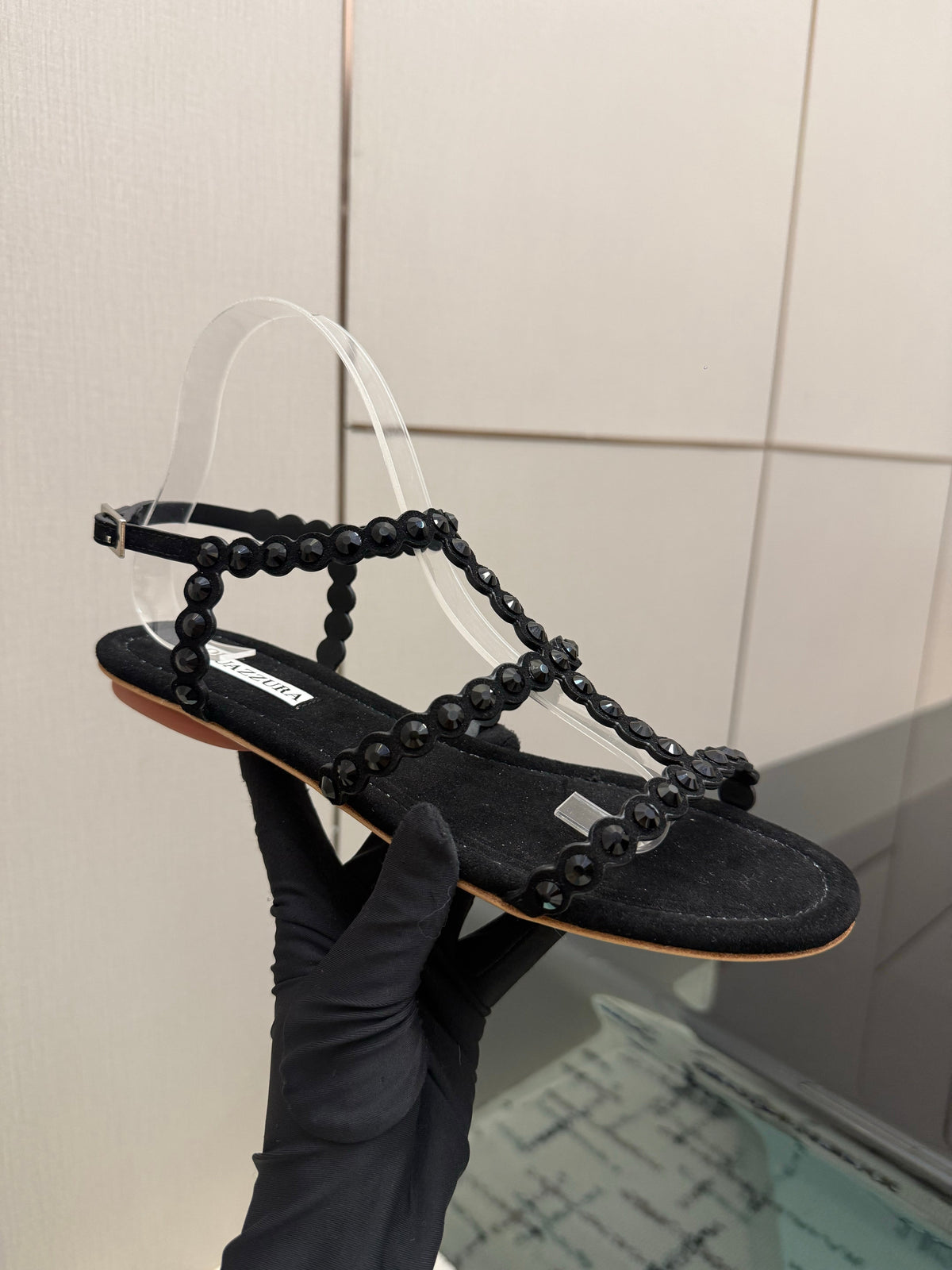 Aquazzura 26s Flat Sandals Black Suede Crystal-Embellished 381054
