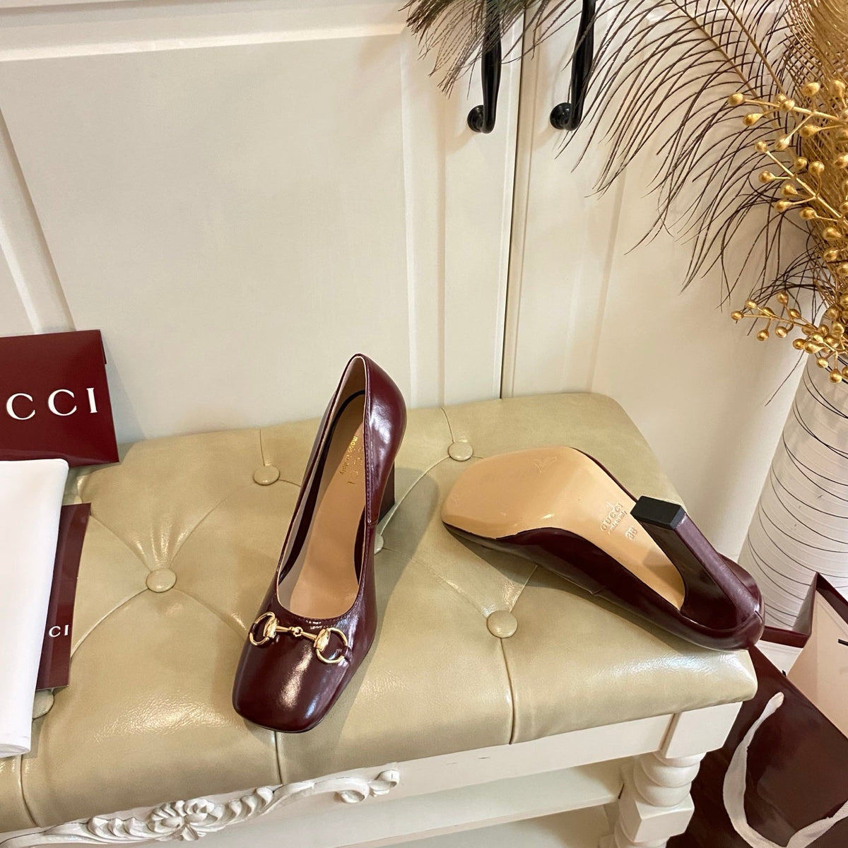 Gucci 26s Horsebit Mid-Heel Pumps 10cm Dark Red Calfskin