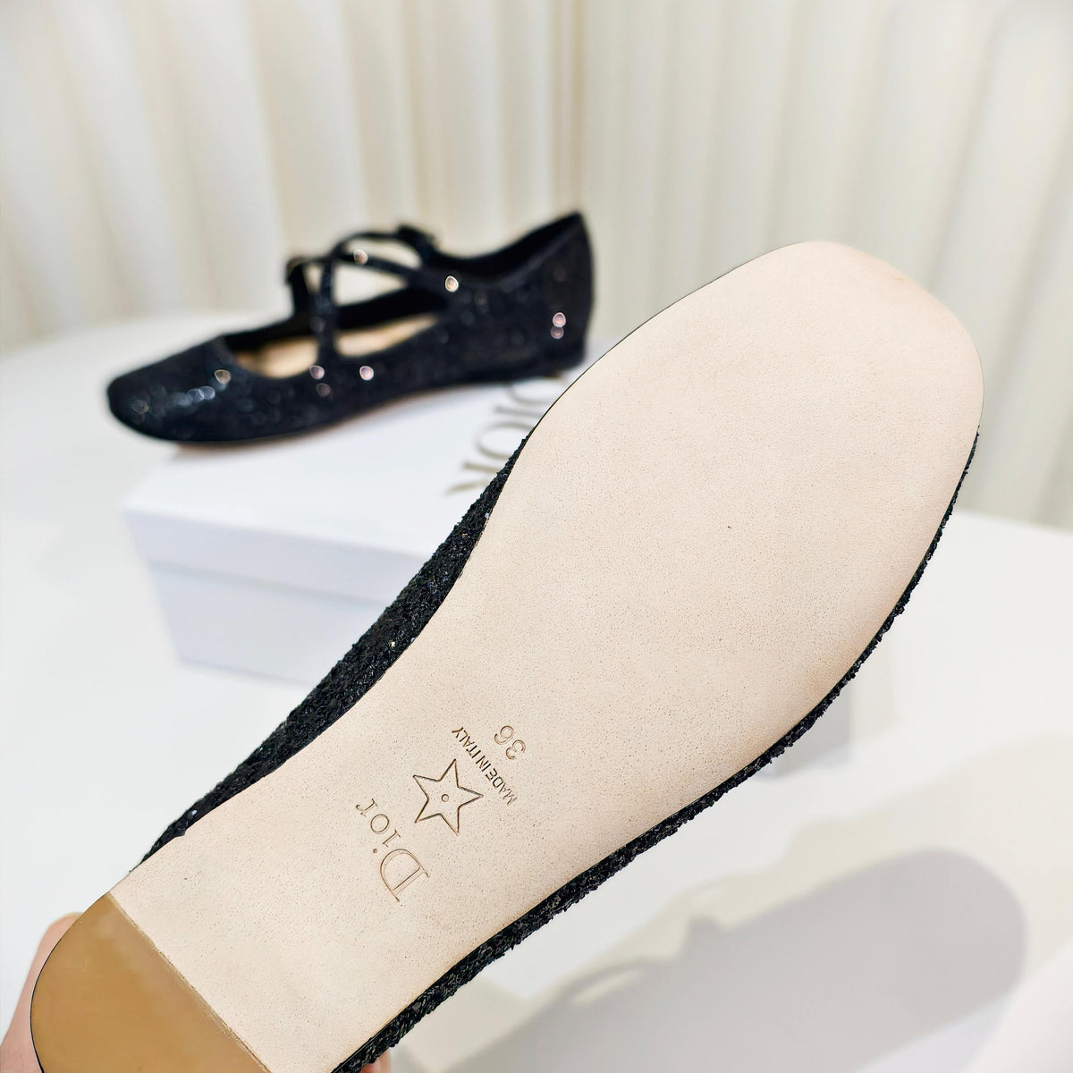 Dior 26s Mary Jane Flats Black Sequin Embroidered Fabric