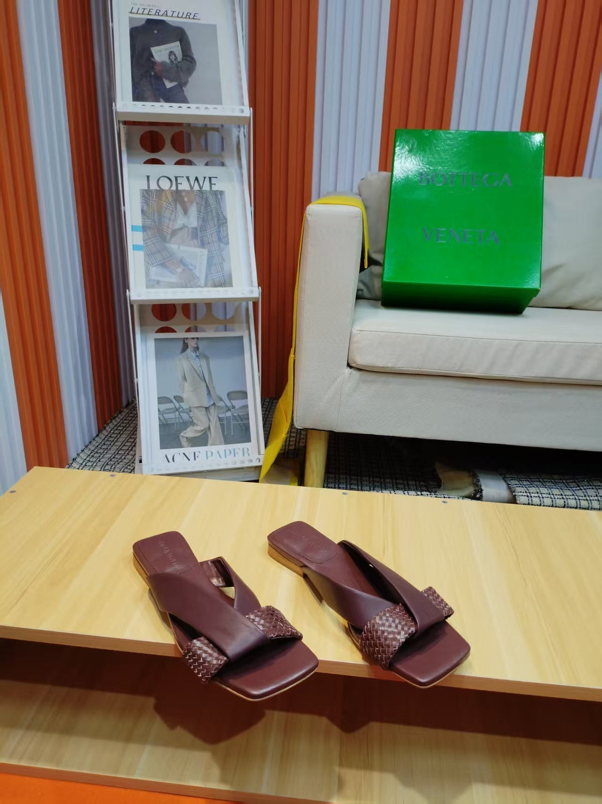 BV Riva Sandals Flat Woven Burgundy Leather 139878