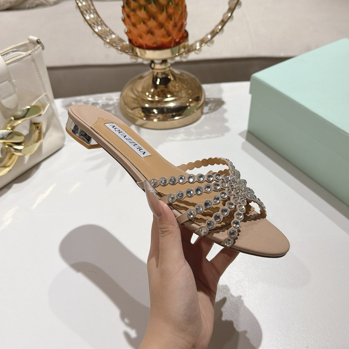 Aquazzura 26s Slides Beige Lambskin Crystal Embellished 619582