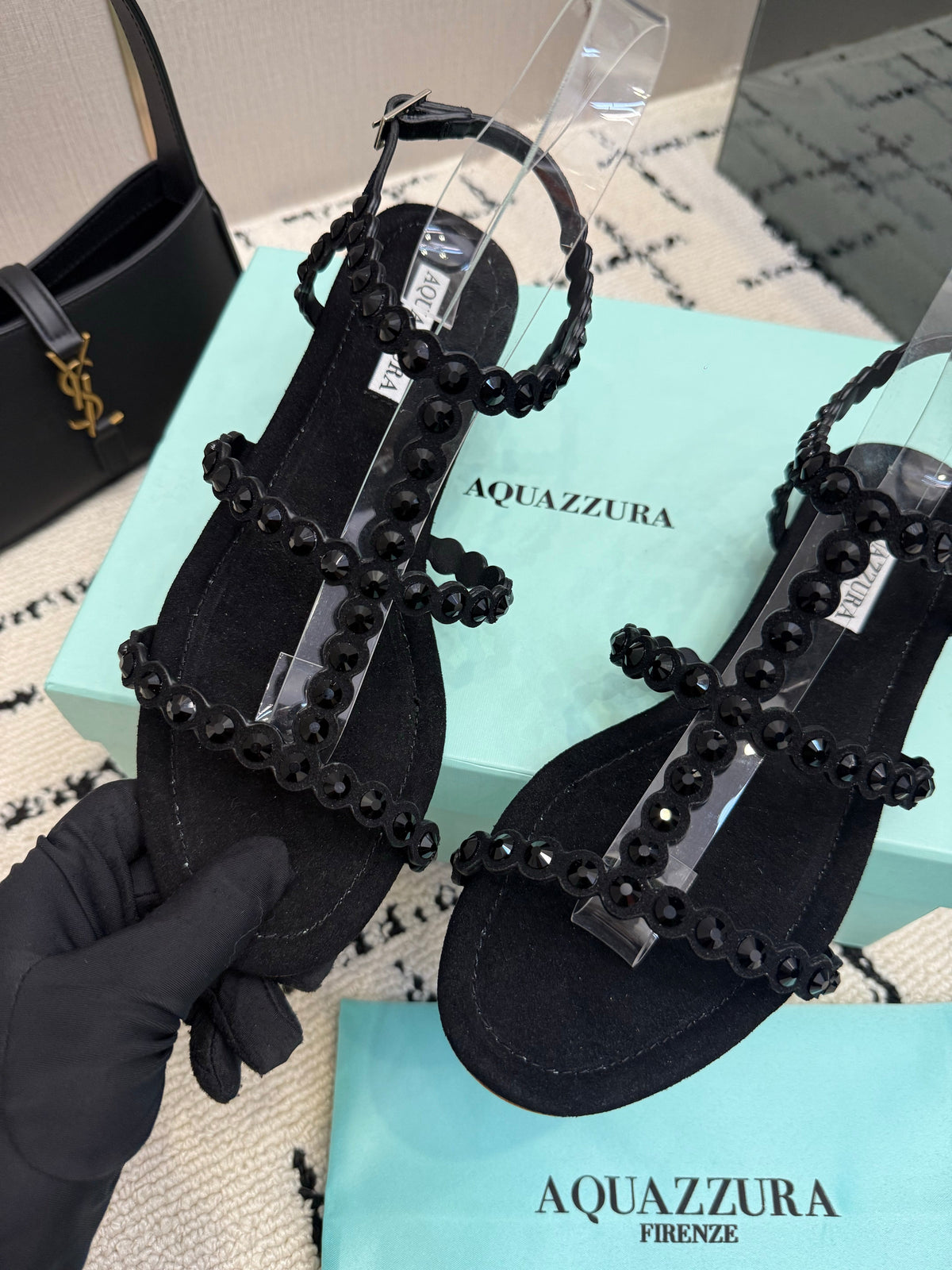 Aquazzura 26s Flat Sandals Black Suede Crystal-Embellished 381054