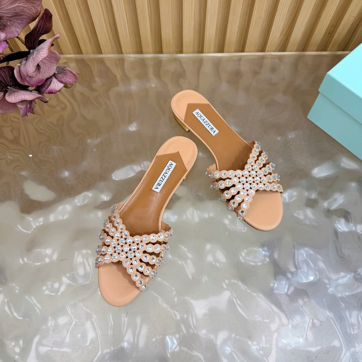 Aquazzura 26s Slides Nude Calfskin Crystal-Embellished Straps 582049