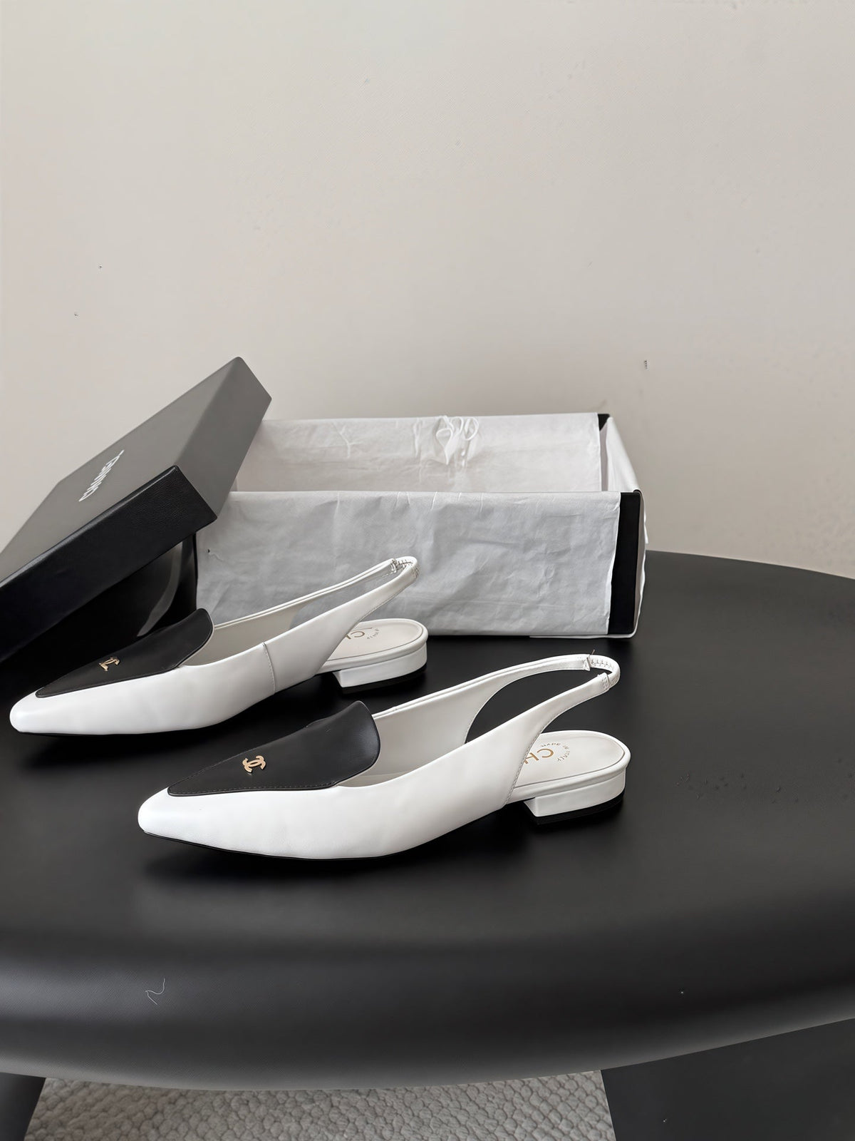 Chanel 26s Slingback Flat Black White Calfskin