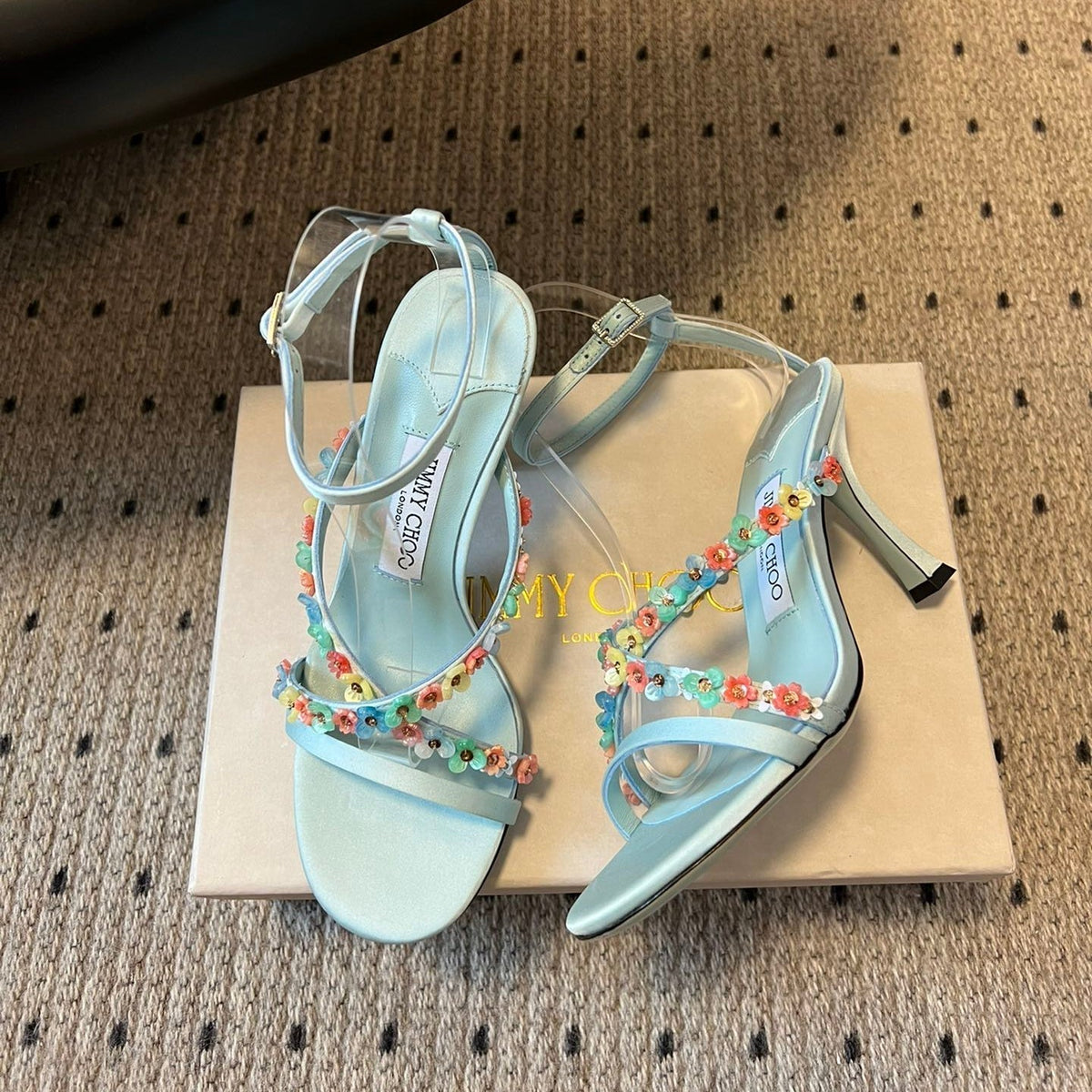 Jimmy Choo 26S Floral Heel Sandals 8.5cm Pastel Blue Satin And Lambskin 831495