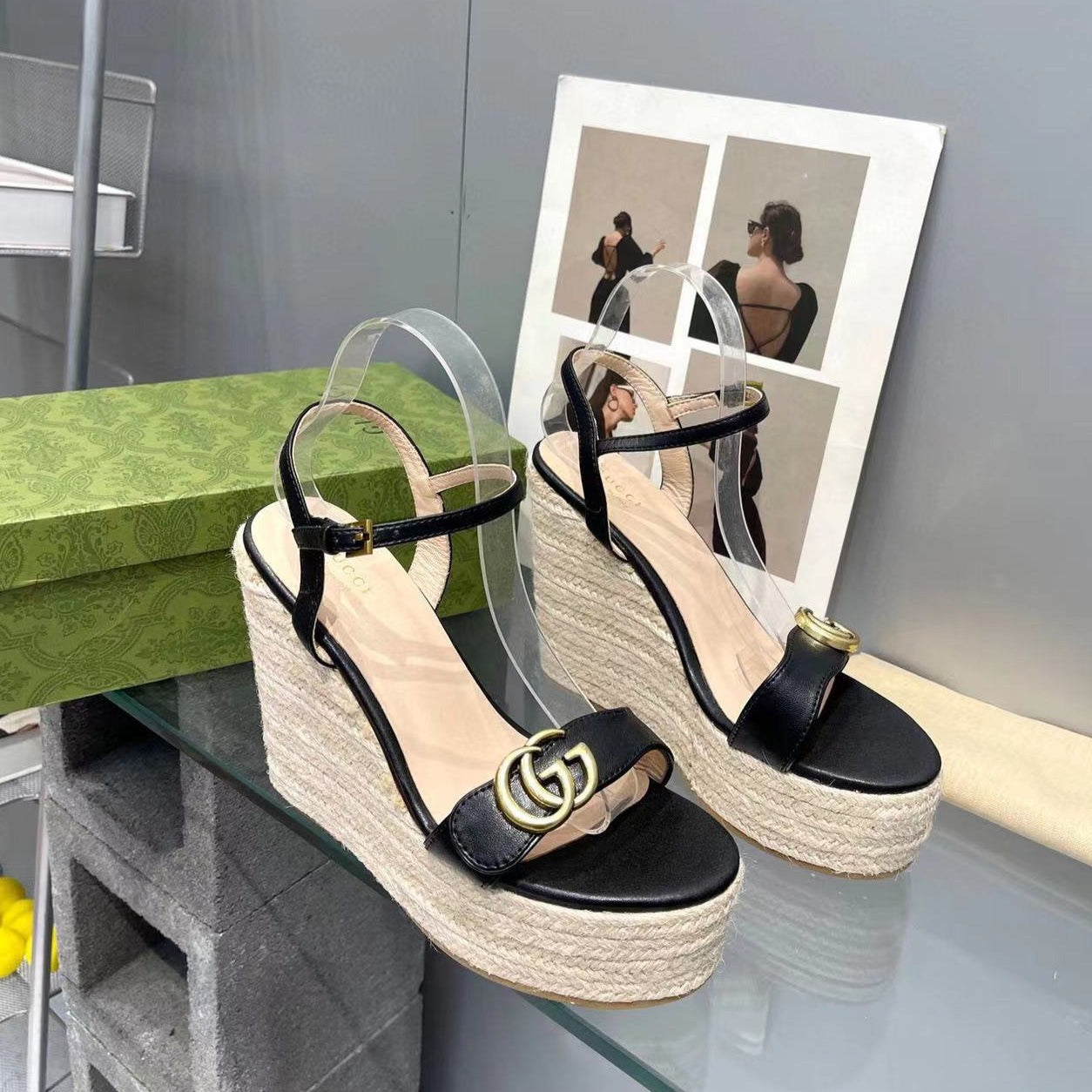 gg marmont sandal 140mm espadrilles black leather