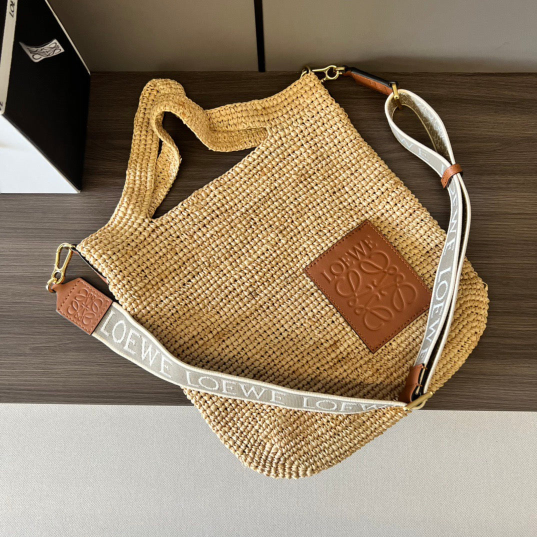 Mini Slit Tote 30cm Beige Raffia Tan Calfskin