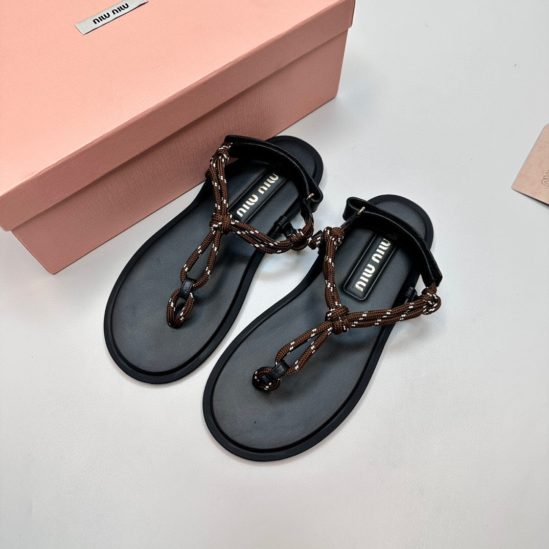 miu riviere cord & leather brown sandal