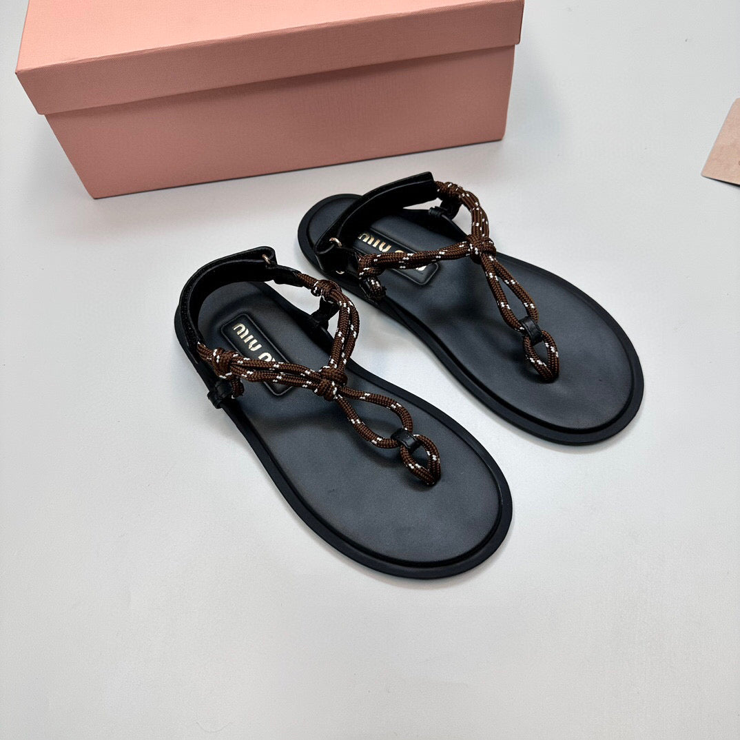 miu riviere cord & leather brown sandal
