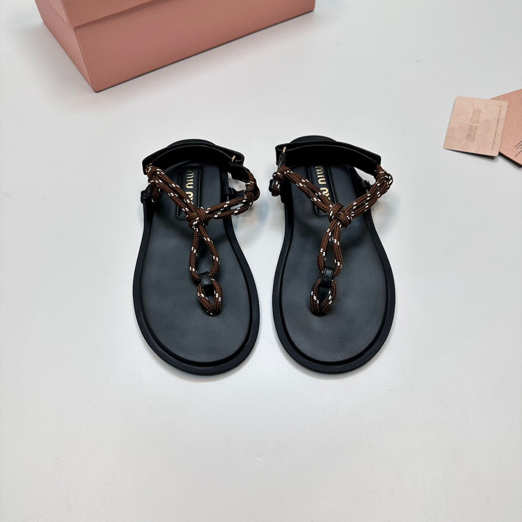 miu riviere cord & leather brown sandal