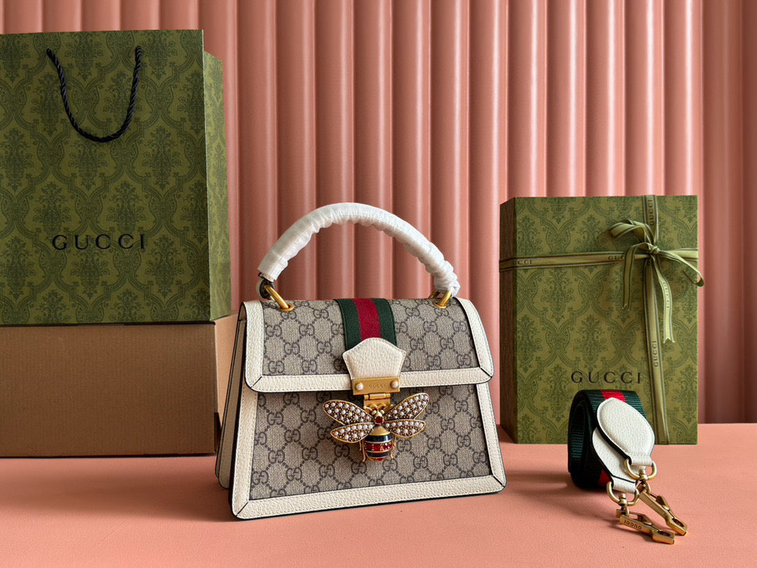 GG MINI 25 HANDBAG IN BEIGE CANVAS AND WHITE CALFSKIN