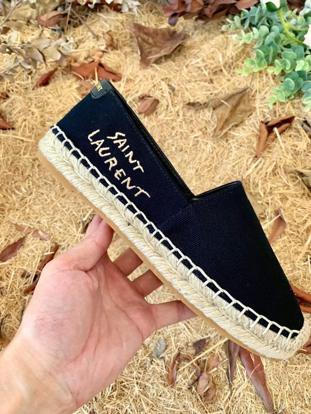 YSL Embroidered Espadrilles In Canvas Black