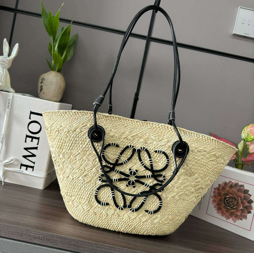 Loew Anagram Basket 46cm Beige Raffia Black Calfskin