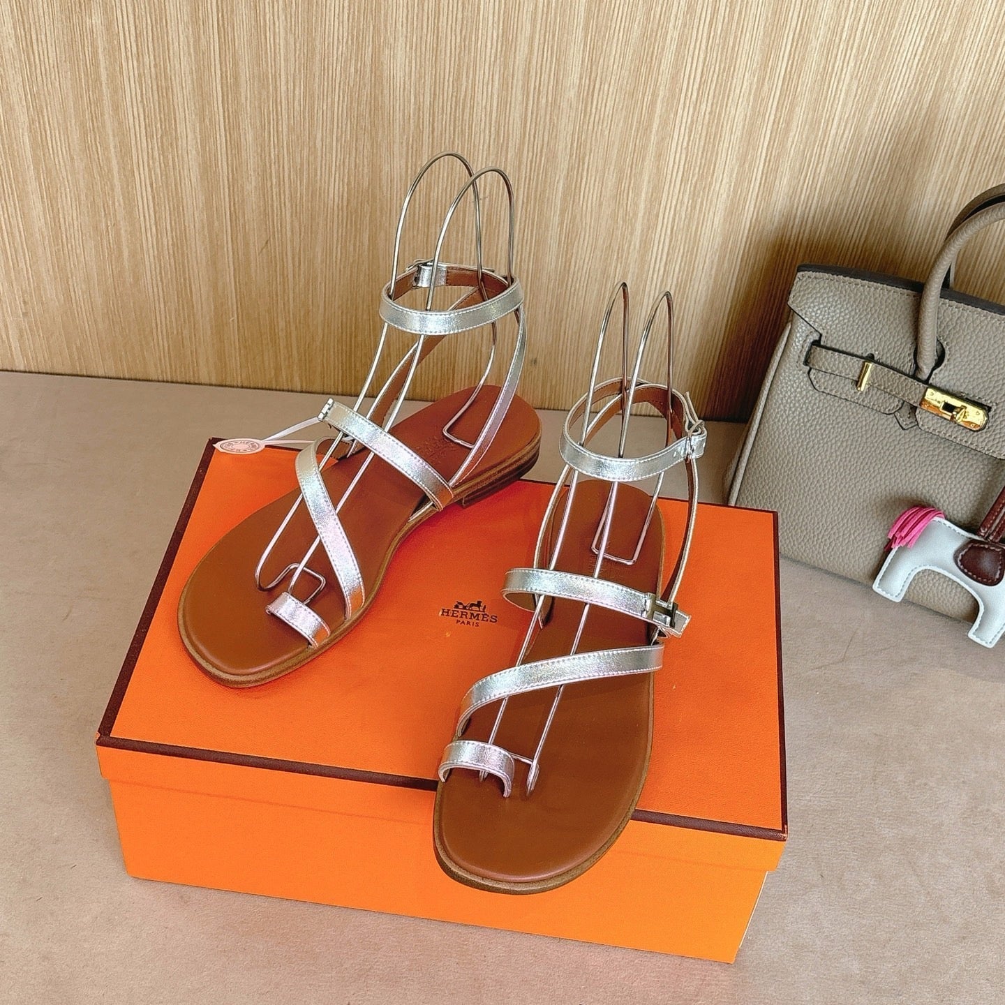 HM Harmonie Sandal In Gold Calfskin And Silver Metallic Finish