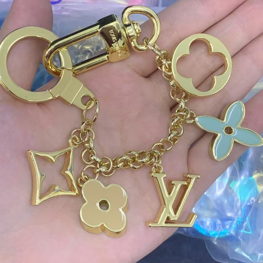 LV Fleur de Monogram Bag Charm Chain Key Chain Mix Sky Blue