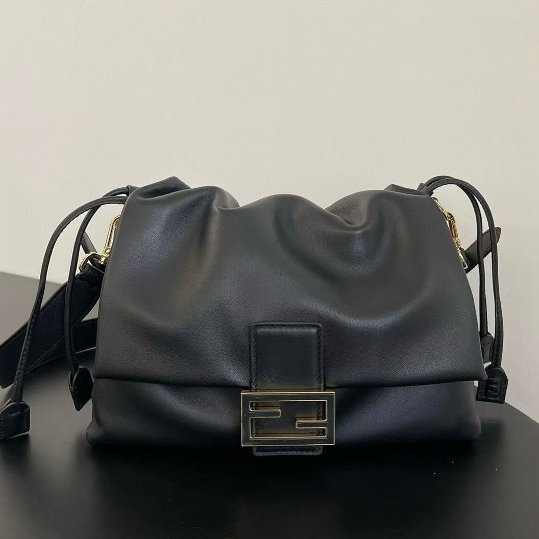 FF Mamma Baguette Drawstring Shoulder Bag Black Nappa Leather