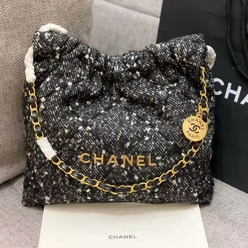 Chanel Hobo 39cm Bag Black Gray Tweed