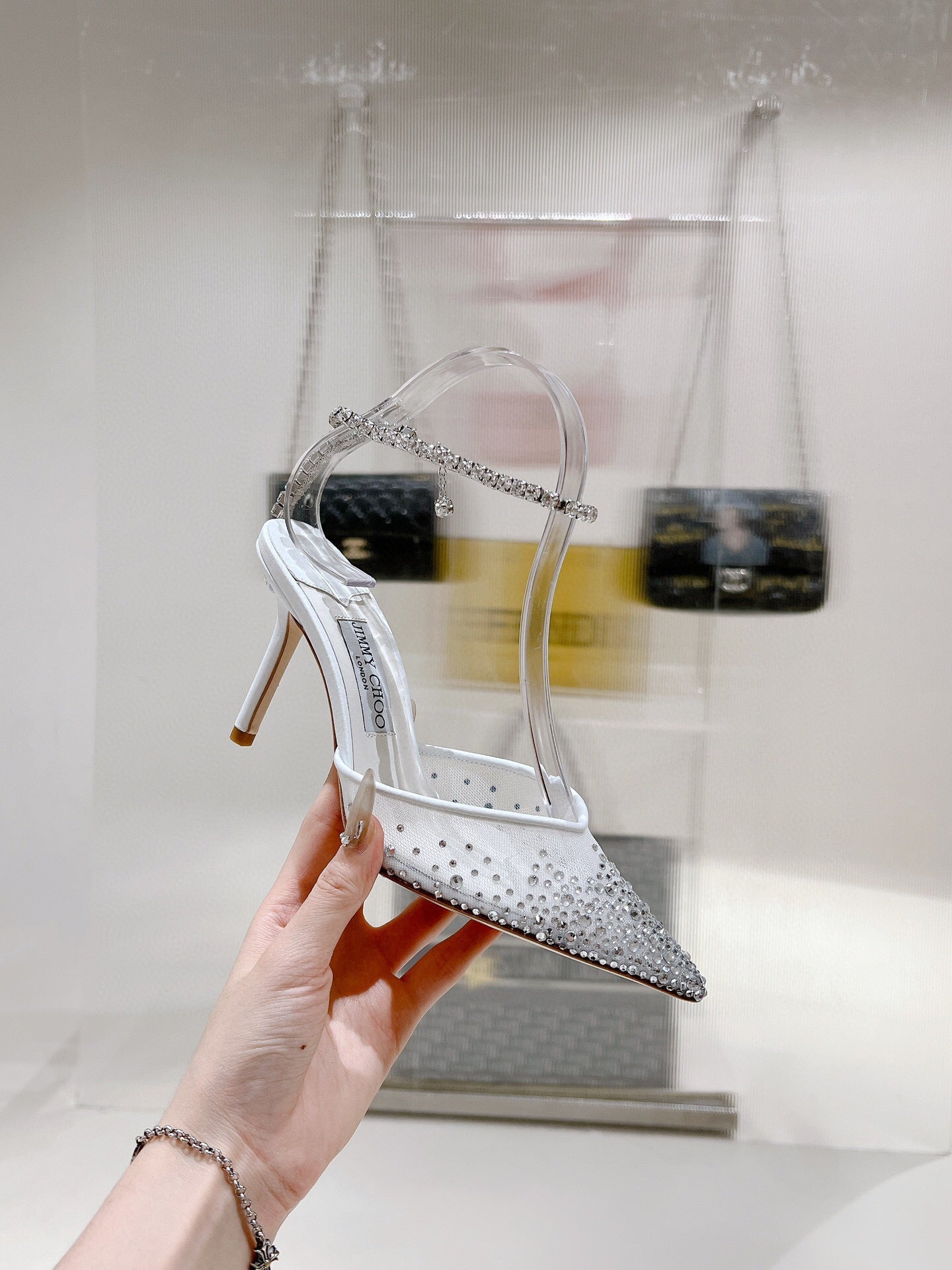 Jimmy Choo 100mm Saeda Crystal-embellished Pumps White Mesh Calfskin