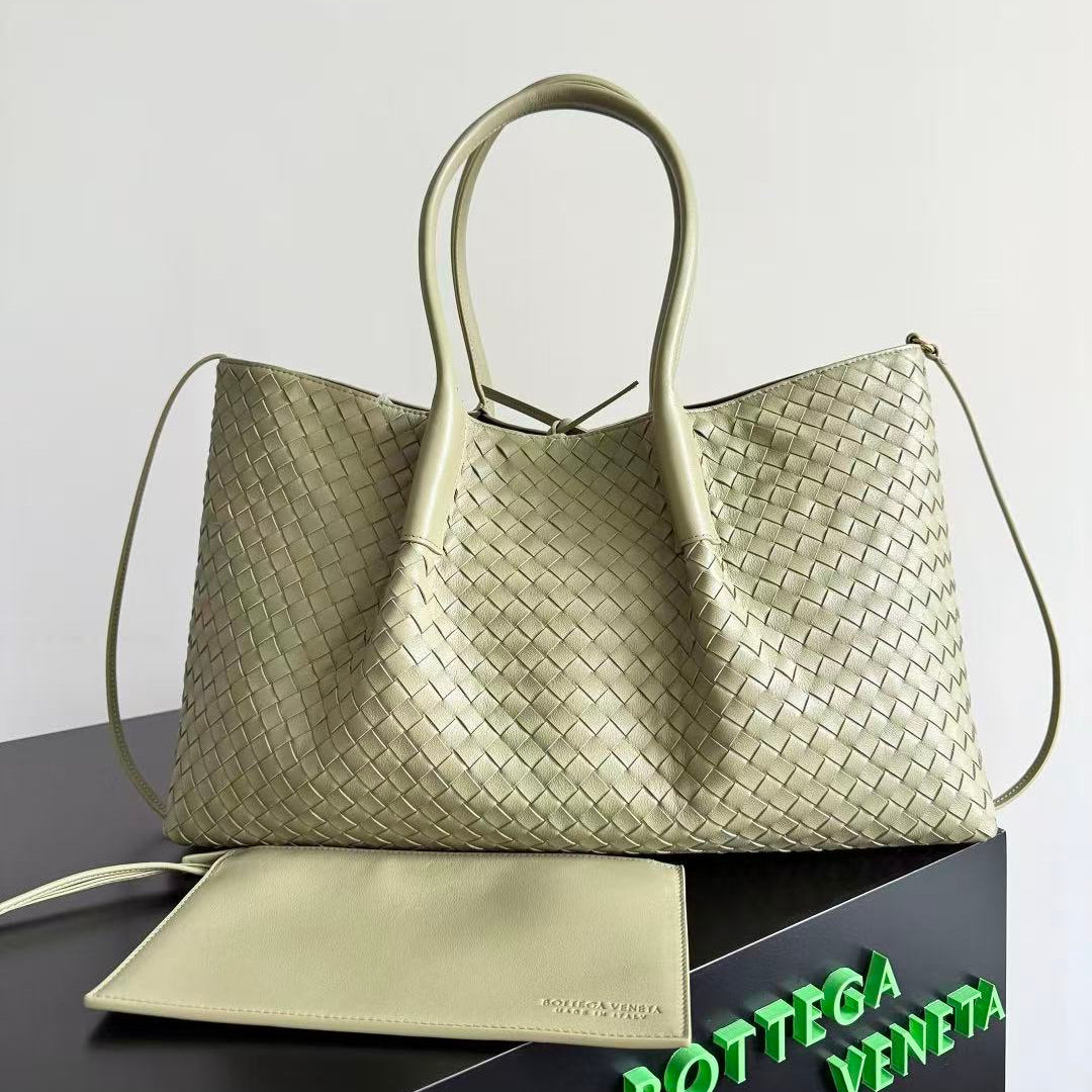 BV Reversible Tote Bag 43cm Intreccio Pistachio Green Chocolate Calfskin Suede