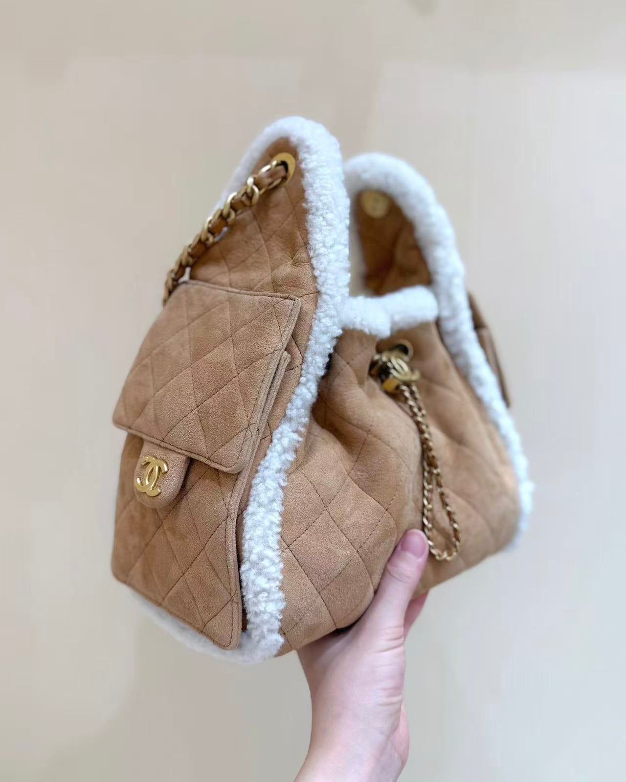 CC 25C Hobo Bag 30cm Brown White Suede Wool Gold Hardware