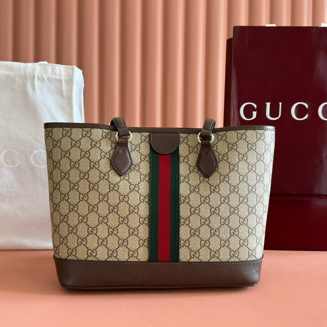 GG 2025 Ophidia 31cm Tote Bag Ebony Brown Canvas Leather