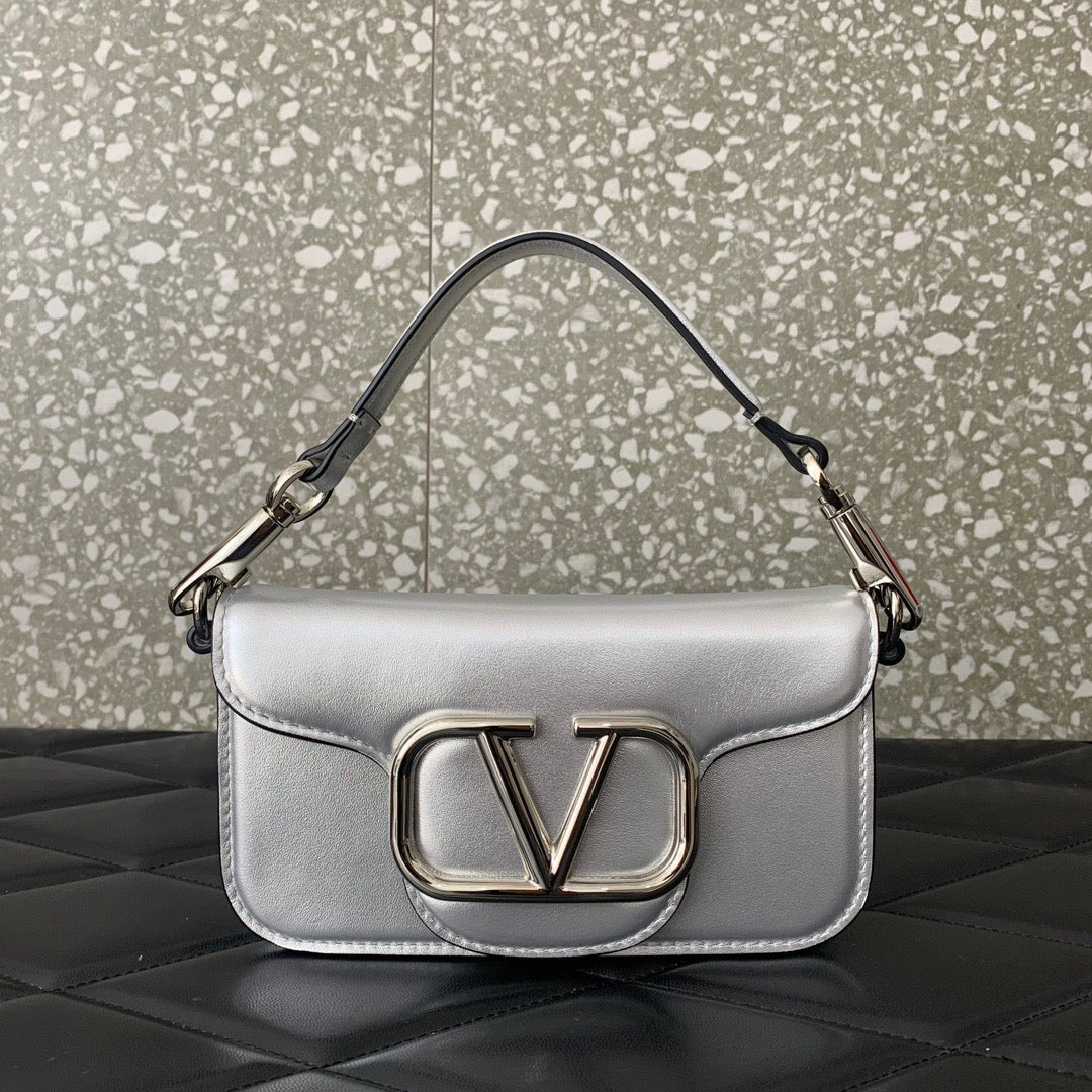 Valentino Garavani Small Locò Shoulder Bag Sliver Metallic Leather