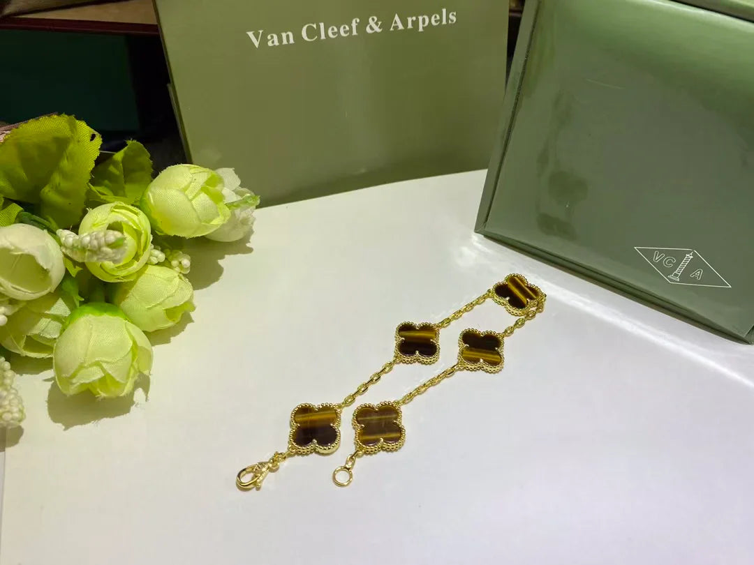 Van Cleef & Arpels Vintage Alhambra Bracelet With Five Tiger Eye Motif