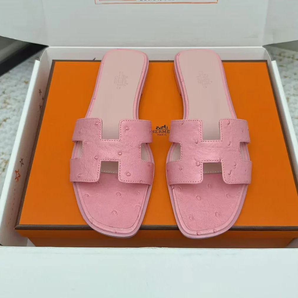 HM 2025 Oran Sandal Pink Ostrich Embossed Calfskin