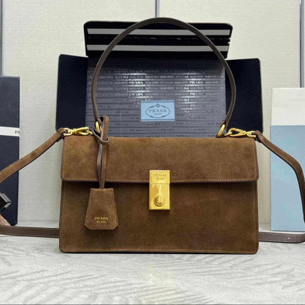 Prada 2026 Soft Sound Bag 28cm Brown Suede Leather