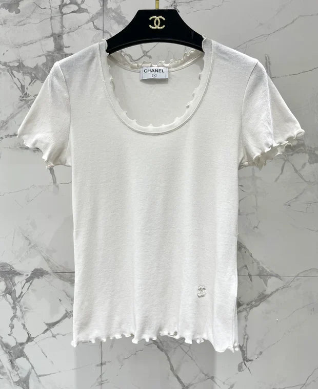 Chanel 2026 Scalloped Neckline T-shirt White Purple Gray Cotton