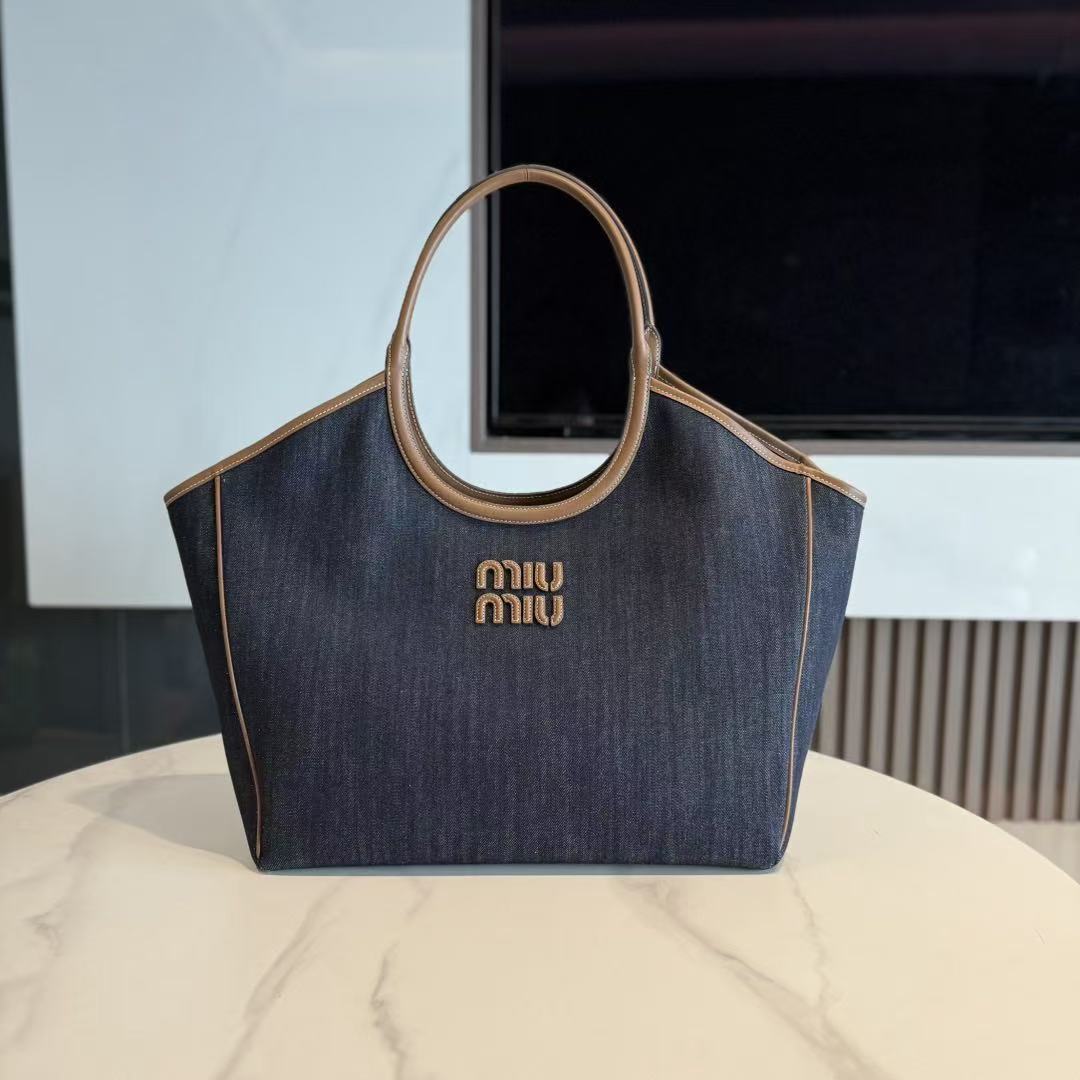 Miu 2026 Ivy Leather Tote Bag Blue Denim Leather