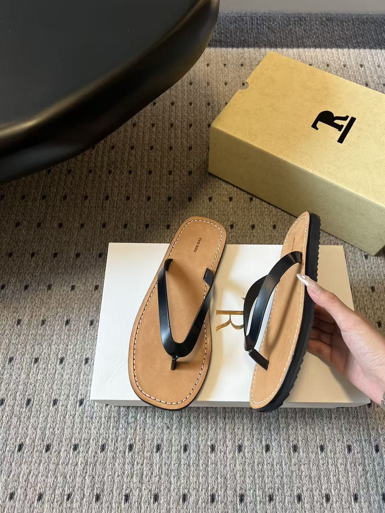 The Row City Flip Flops Black Brown Calfskin