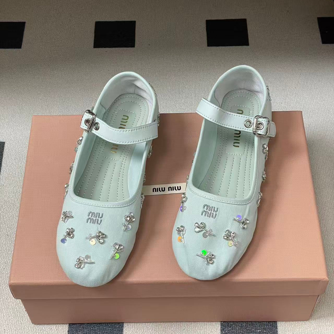 Miu 26s Crystal-Embellished Drill Ballerinas Light Blue Canvas