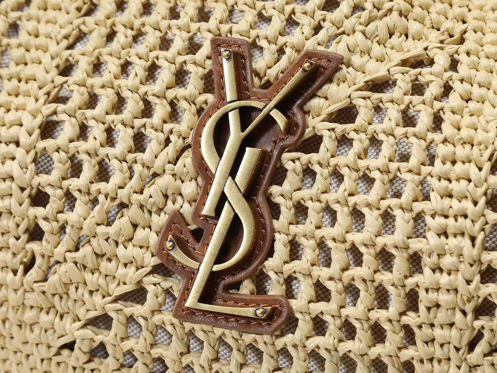 YSL Jamie Shopping Bag 35cm Dark Brown Beige Raffia Leather
