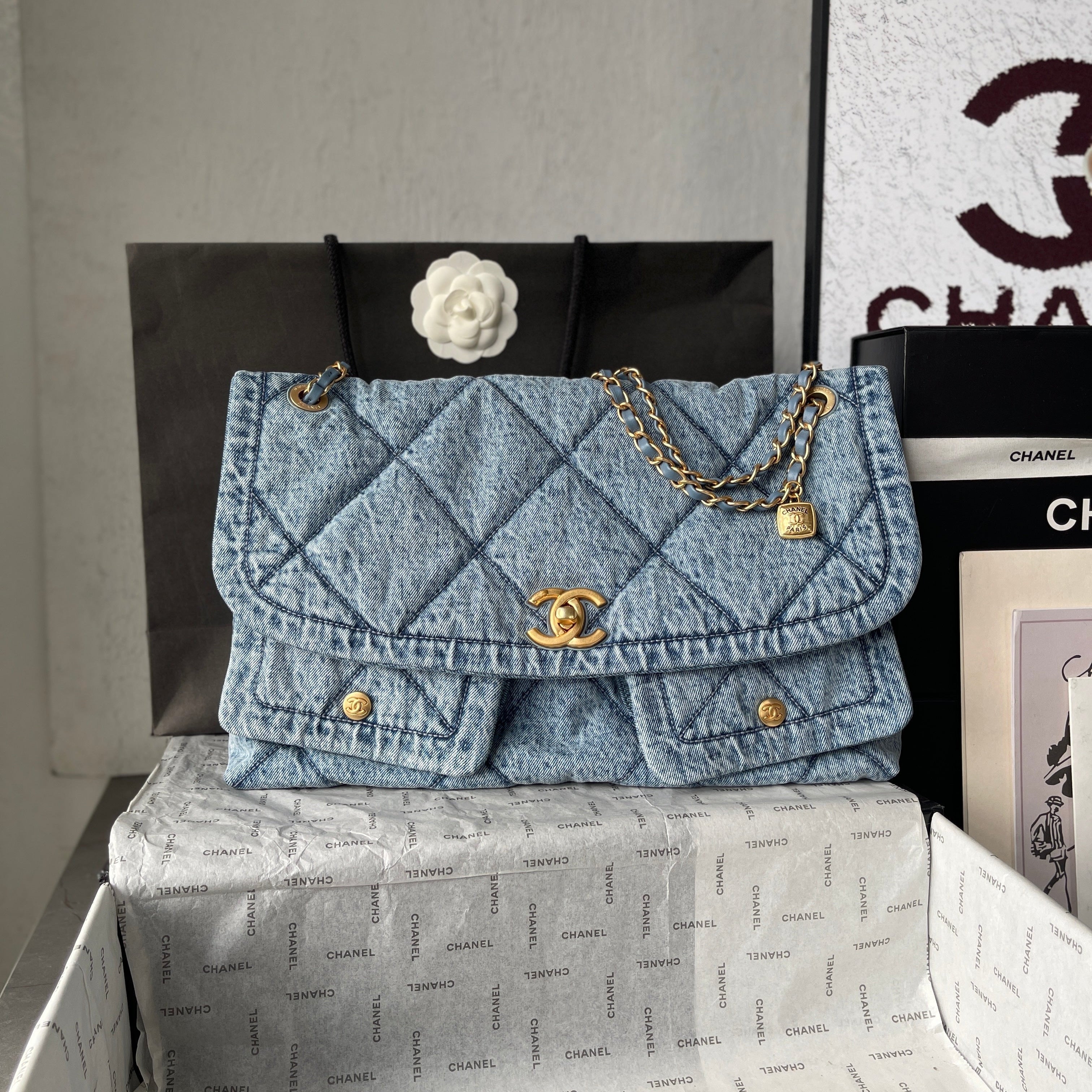 Chanel 26s Flap Bag 47cm Light Blue Mix White Denim