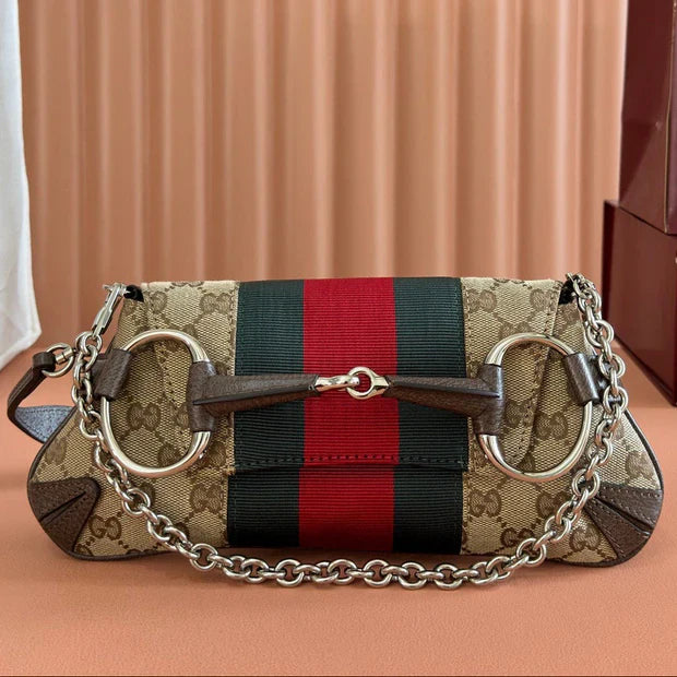Gucci 2026 Horsebit Chain Shoulder Bag 27cm Beige Red Green Canvas Leather
