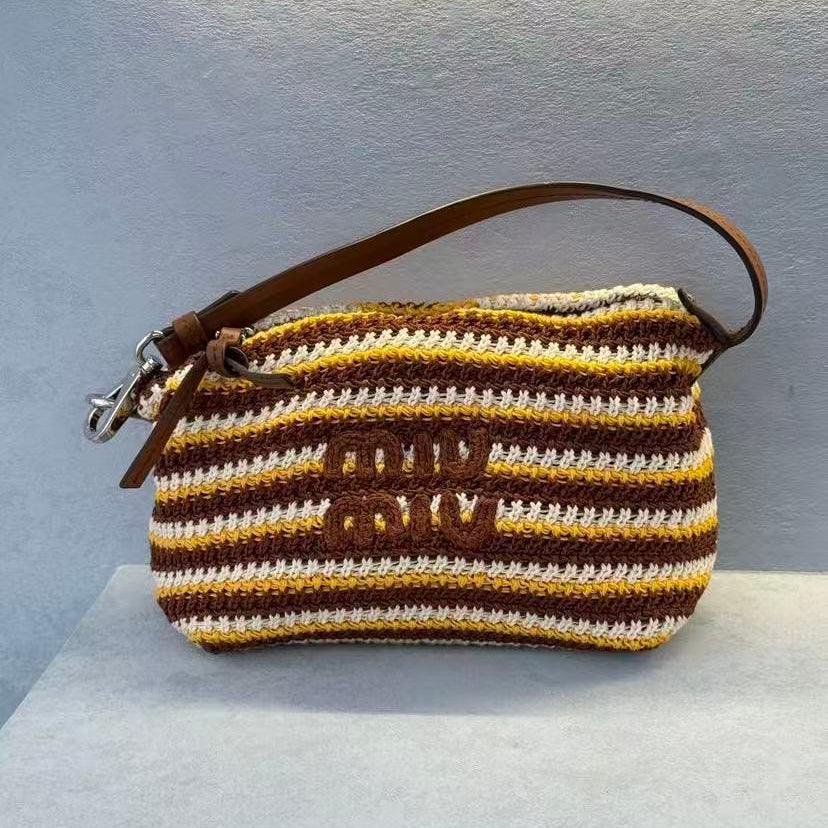 Miumiu Crochet Pouch Brown White Cream Cotton