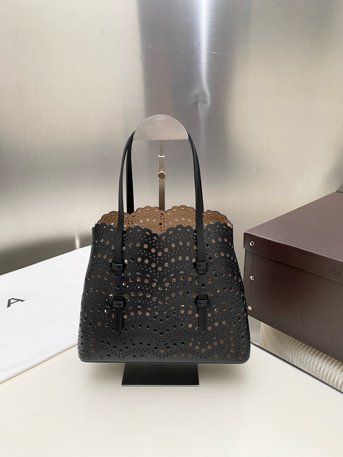 Alaia Mina Bag 25cm Black Vienne Wave Calfskin