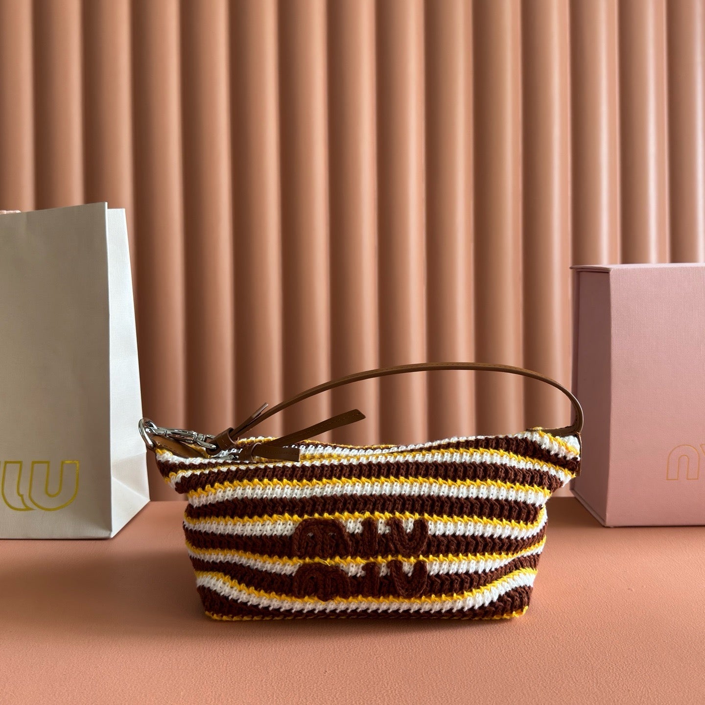 Miu Crochet Pouch Cognac/Yellow Cotton