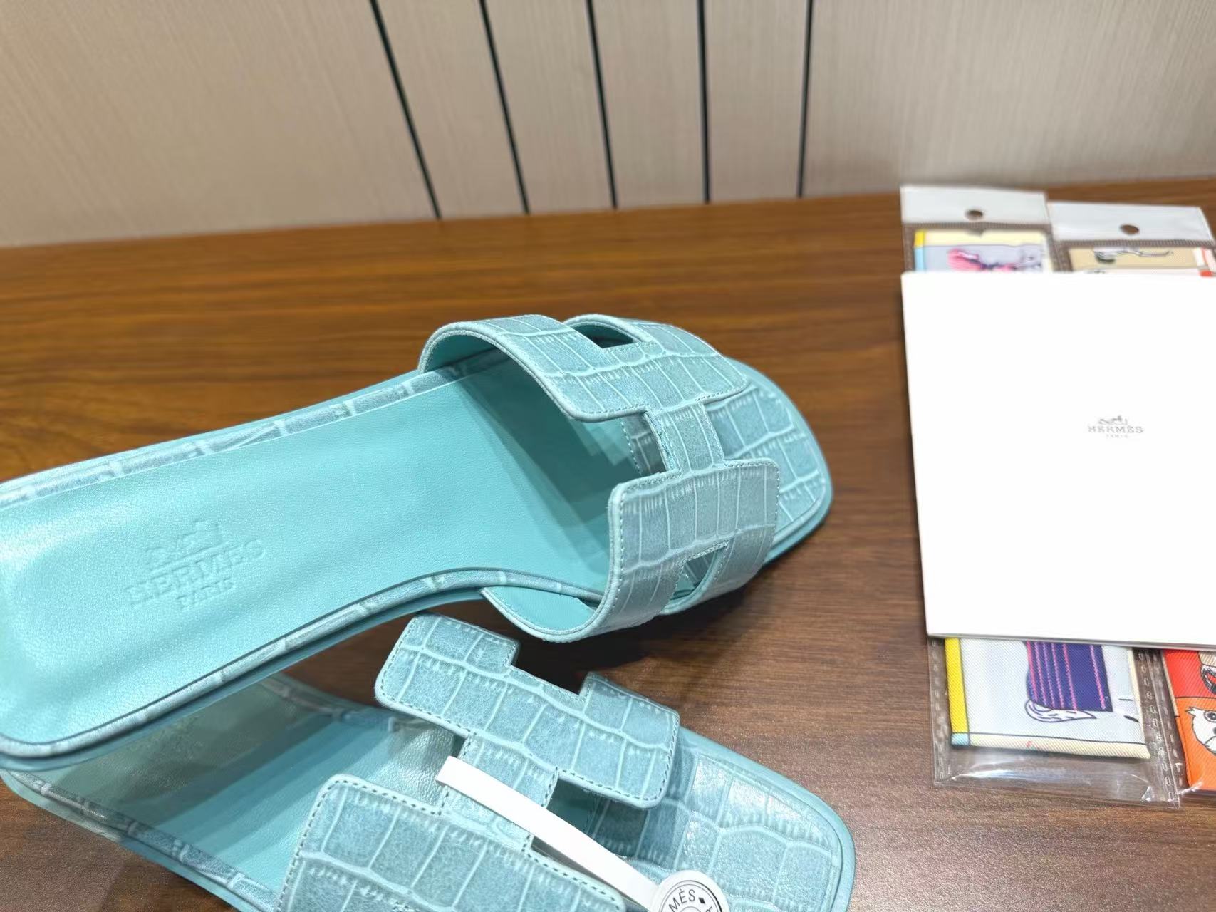 HM 26s Oran Slides Light Blue Crocodile-Embossed Leather