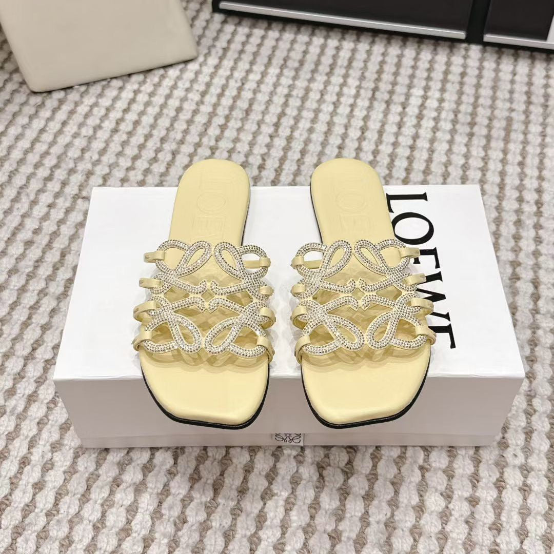 Petal Anagram Rhinestone Slide in Light Yellow Soft Calfskin