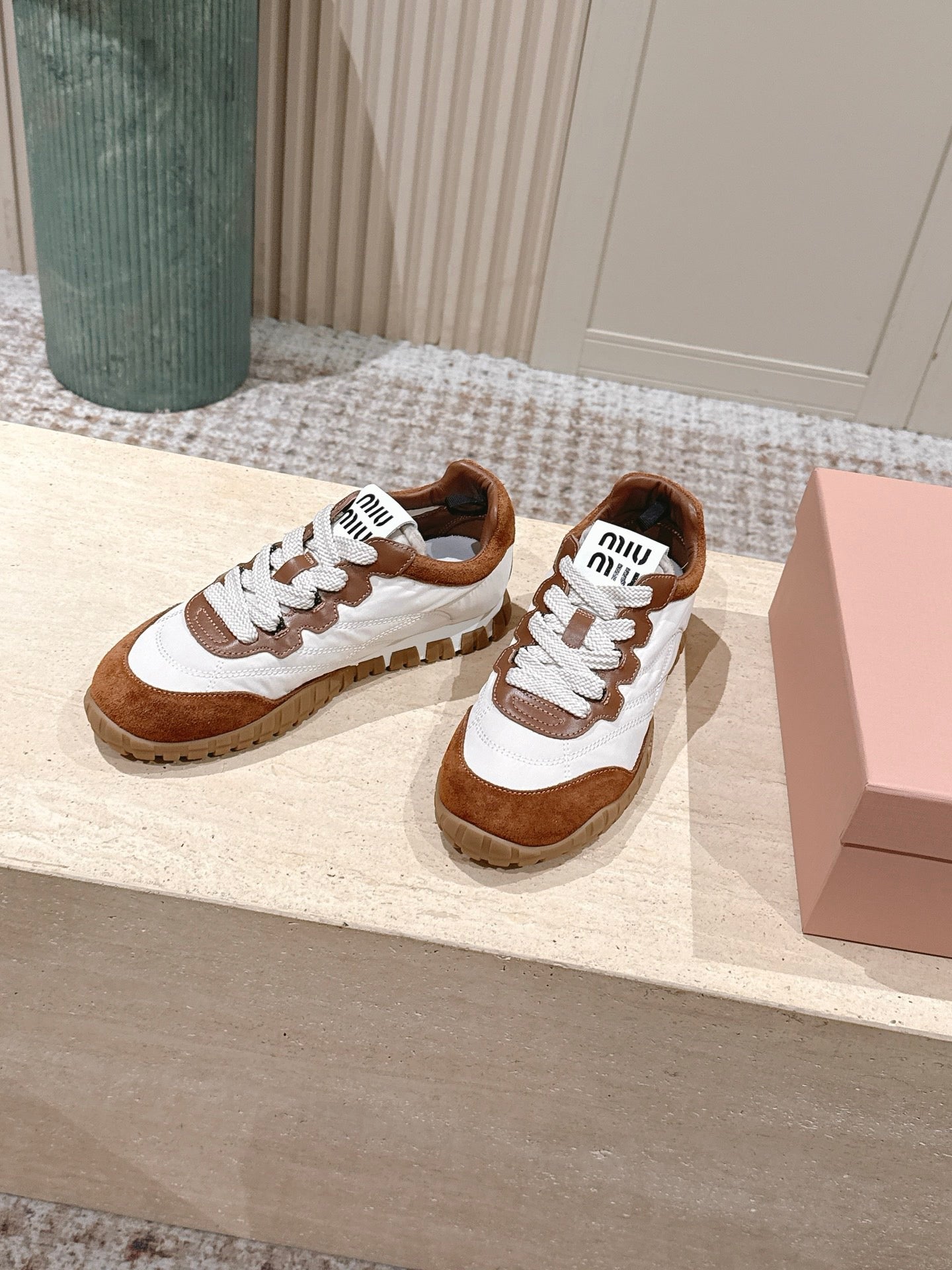 Miu Miu Tyre Sneakers White Brown Technical Fabric Suede