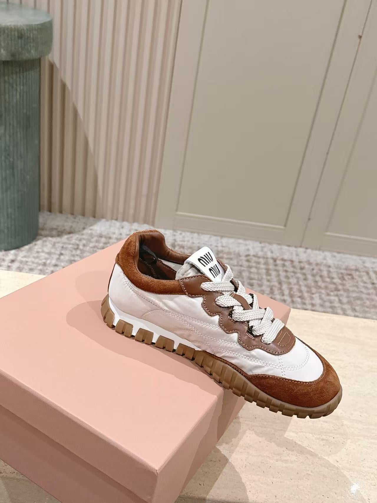 Miu Miu Tyre Sneakers White Brown Technical Fabric Suede