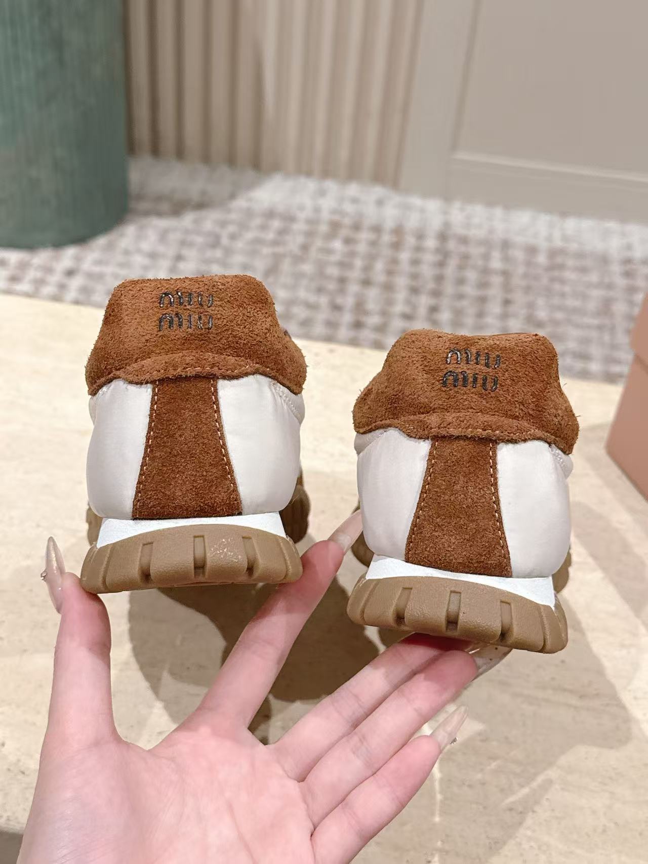 Miu Miu Tyre Sneakers White Brown Technical Fabric Suede